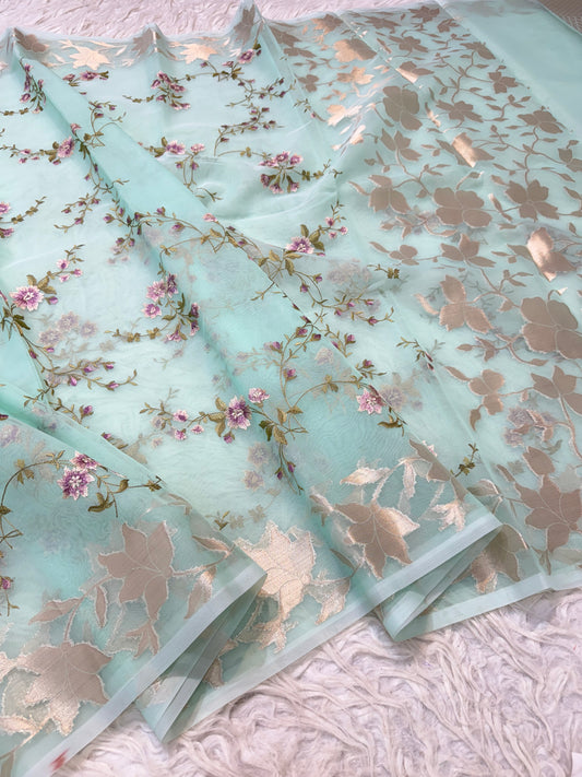 Turquoise shade kora organza embroidery Banarasi saree
