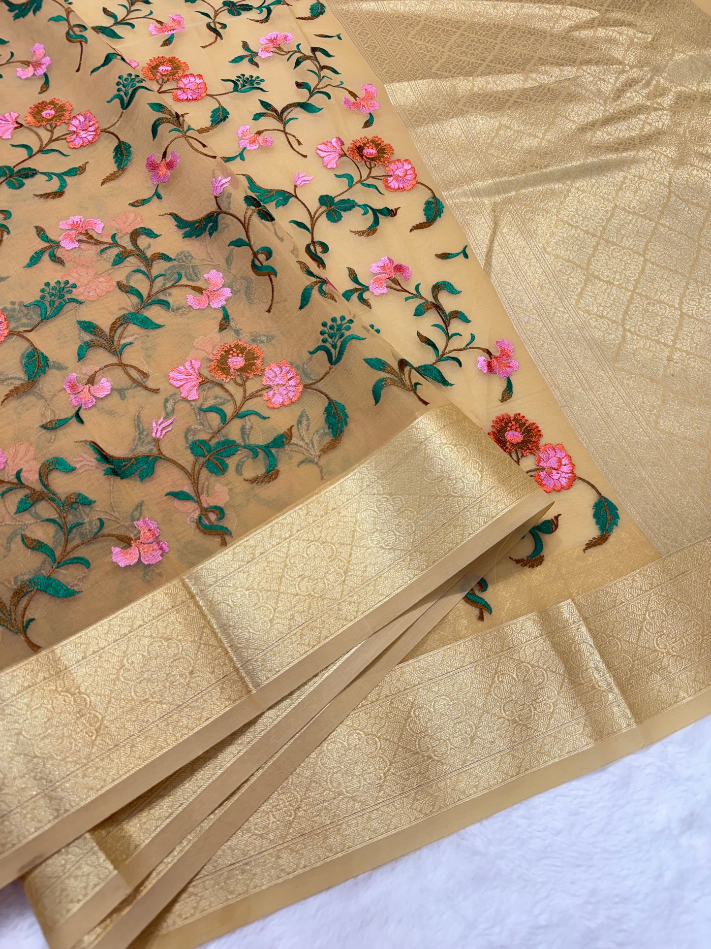 Beige shade organza designer premium embroidery Banarasi saree