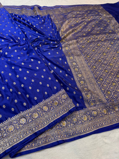 Royal blue shade Bridal Mashru ari & stone Silk Banarasi Saree