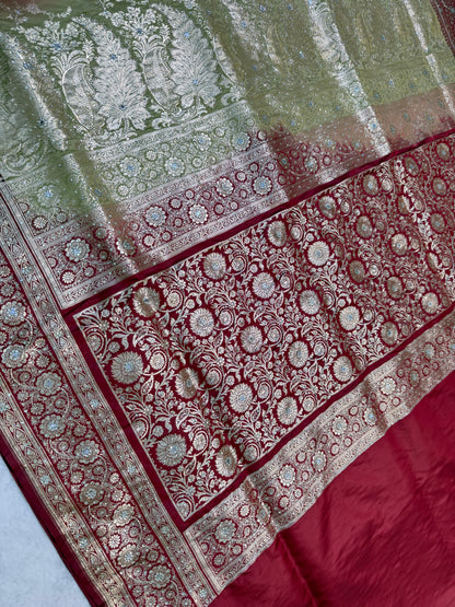 Pista green & maroon shade Bridal Satan katan ari & stone work Banarasi silk Saree