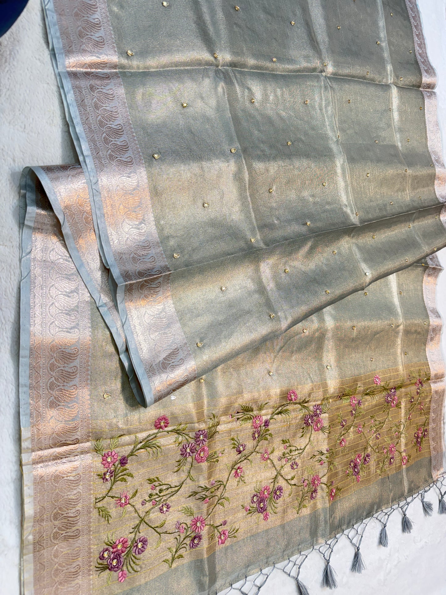 Light slate blue shade kota tissue kota designer embroidery handwork premium Banarasi saree