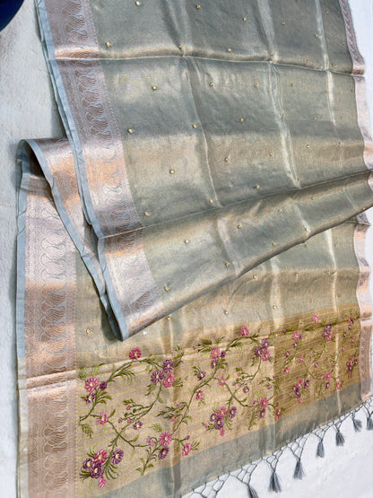 Light slate blue shade kota tissue kota designer embroidery handwork premium Banarasi saree