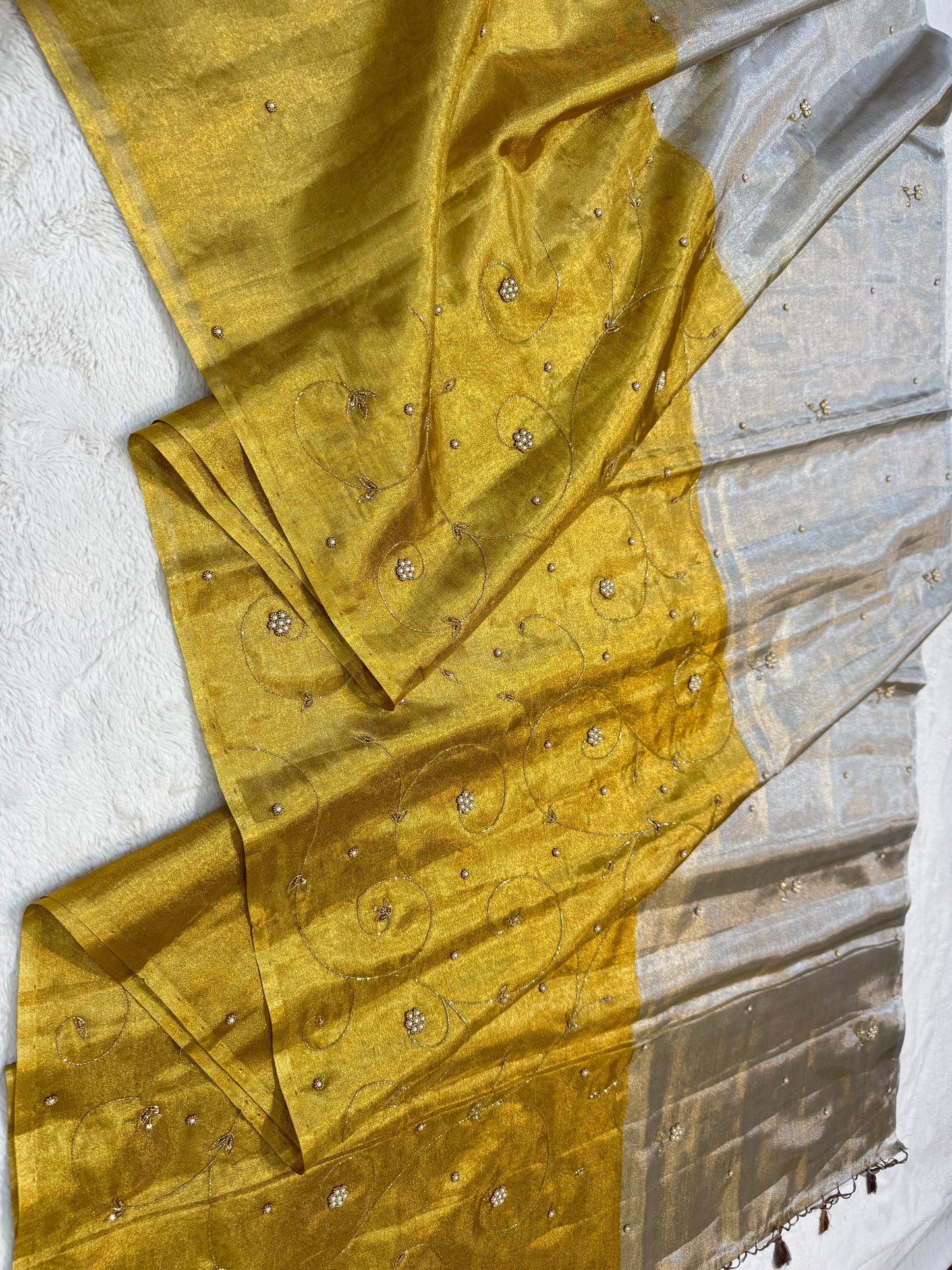 Gold silver tissue half half  tissue designer hand work Banarasi saree
