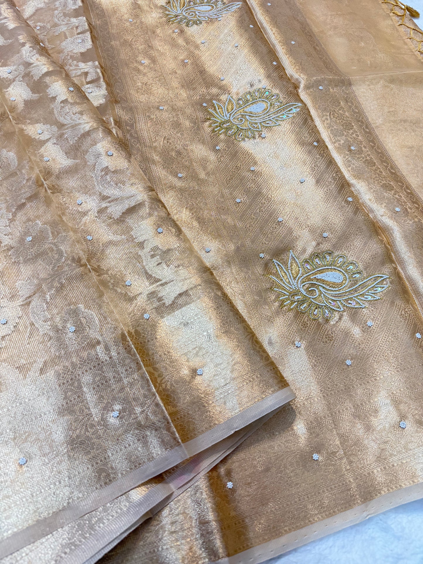Gold shade tissue kota designer handwork premium Banarasi saree