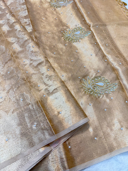 Gold shade tissue kota designer handwork premium Banarasi saree