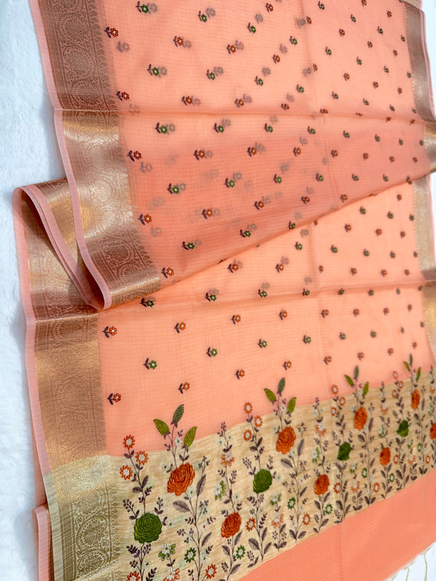 Peach shade cotton kota embroidery Banarasi saree