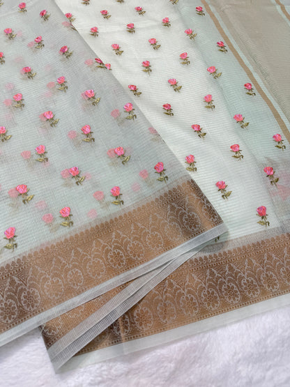 Sea green shade cotton kota embroidery Banarasi saree