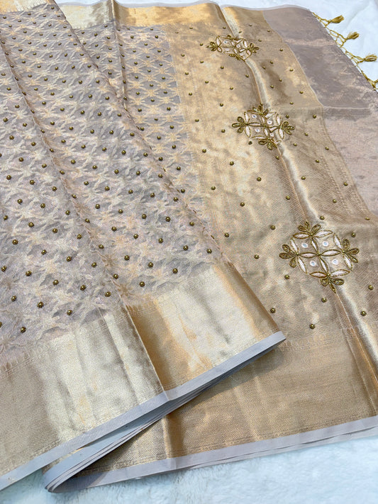 Silver tissue kota designer handwork premium Banarasi saree