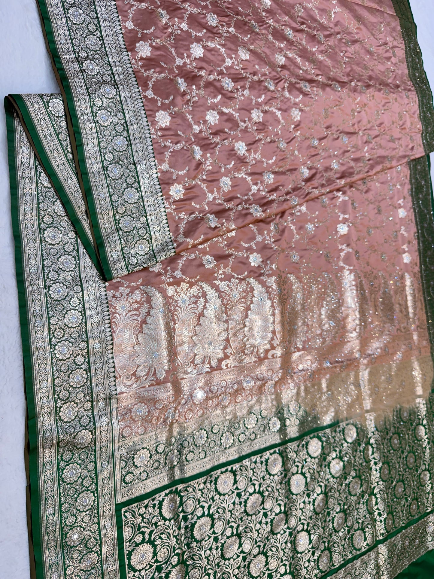 Peach & bottle green shade Bridal Satan katan ari & stone work Banarasi silk Saree