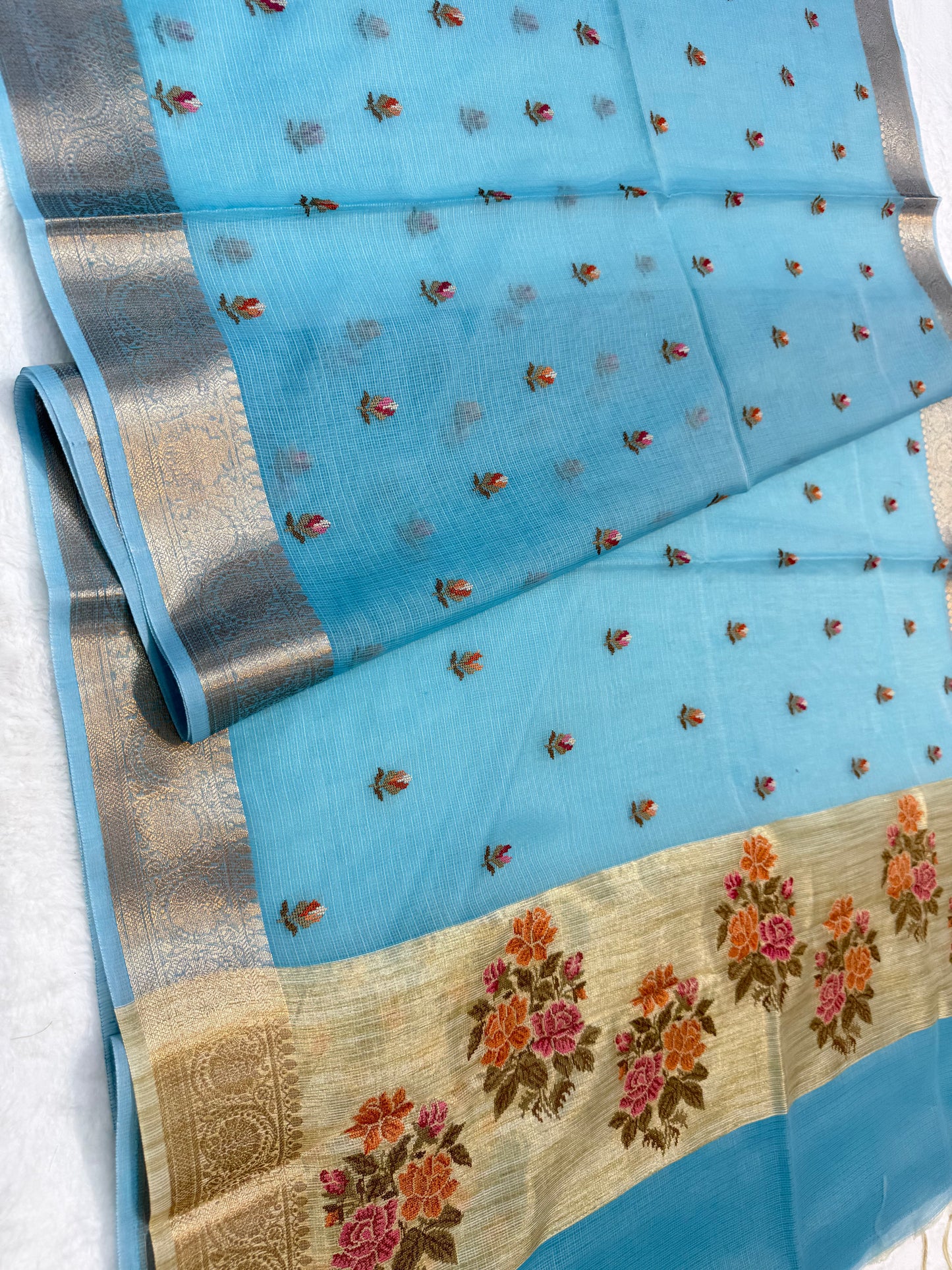 Sky blue shade cotton kota embroidery Banarasi saree