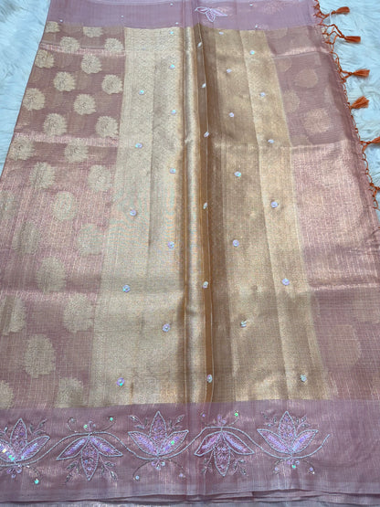 Dusty pink shade tissue kota zardosi work Banarasi saree
