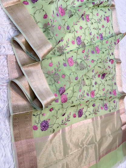 Pista green shade organza embroidery Banarasi saree