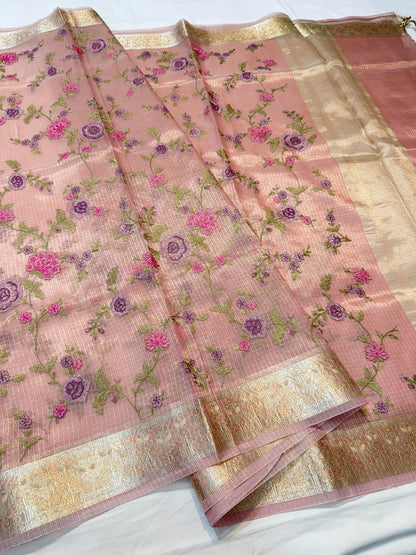 Dusty pink  shade tissue kota embroidery primum Banarasi saree