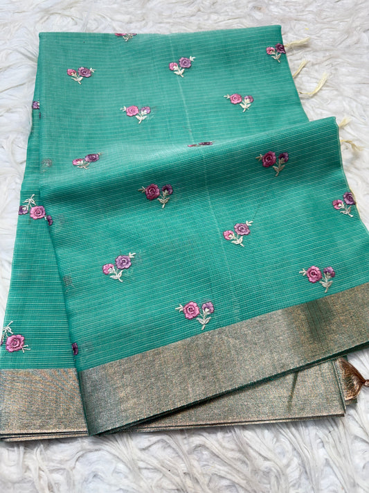 Sea green shade cotton kota embroidery Banarasi saree