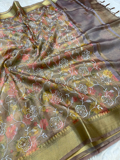 multicolour tissue silk digital  print Embroidry sawroski work premium Banarasi saree