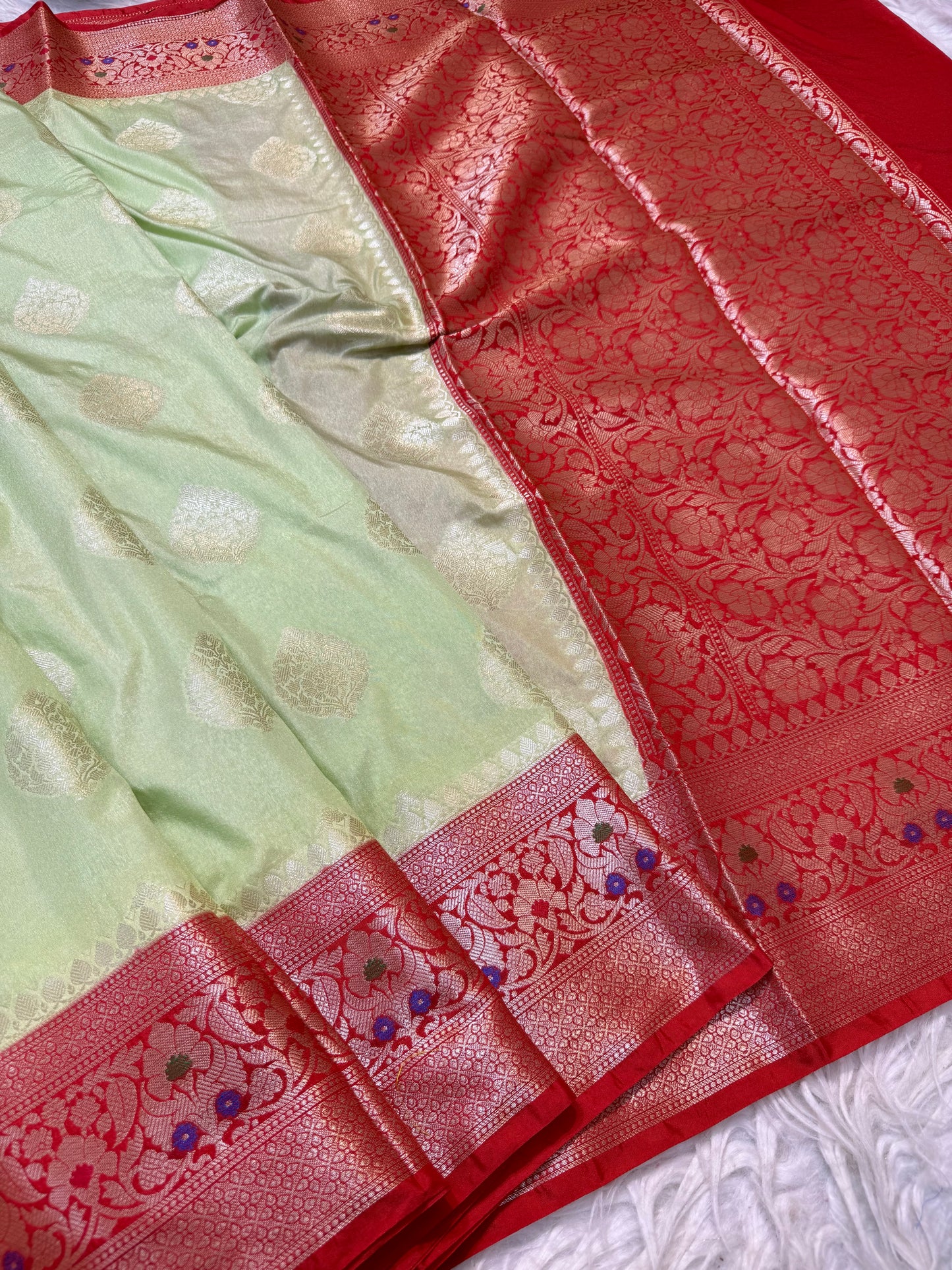 Pista green  red shade Dupion Silk premium Banarasi Saree
