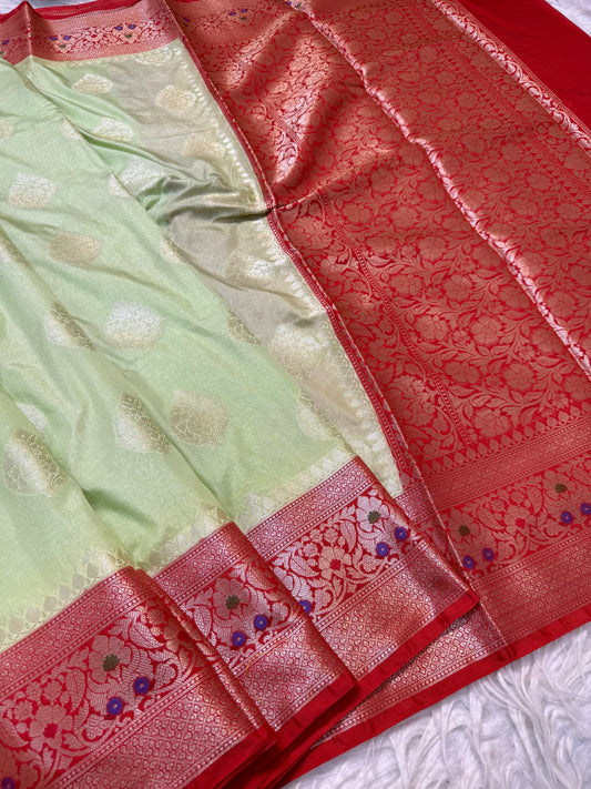 Pista green  red shade Dupion Silk premium Banarasi Saree