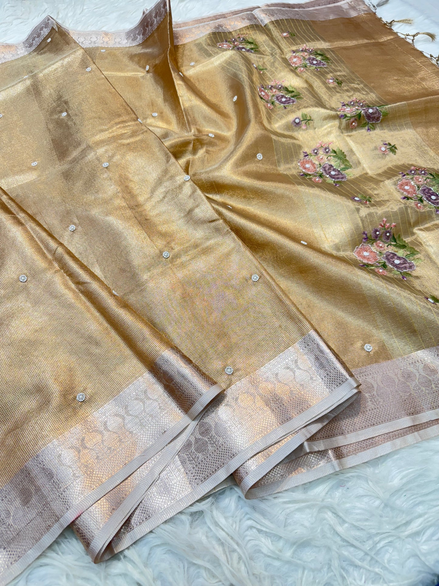 Peach shade kota tissue kota designer embroidery handwork premium Banarasi saree