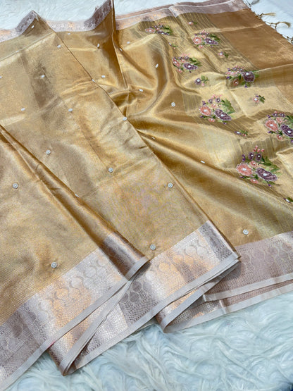 Peach shade kota tissue kota designer embroidery handwork premium Banarasi saree