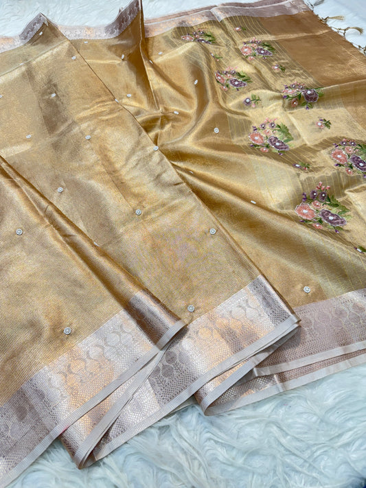 Peach shade kota tissue kota designer embroidery handwork premium Banarasi saree