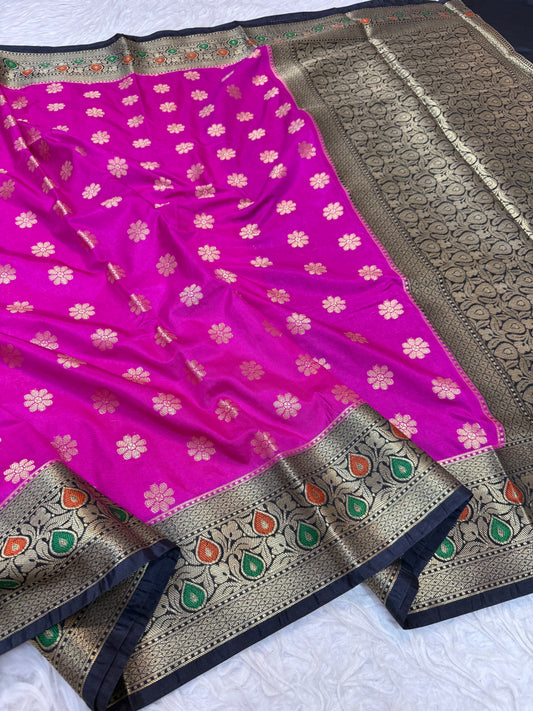 Royal pink & black shade  Dupion Silk premium Banarasi Saree