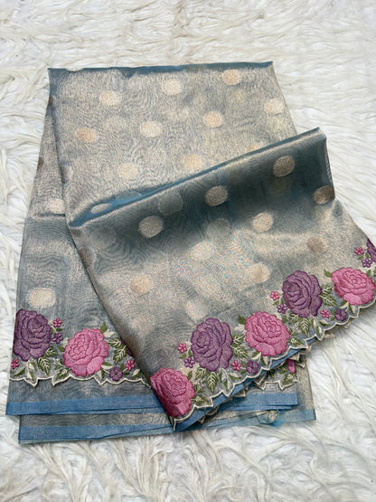 Banarasi tissue cutwork embroidery saree