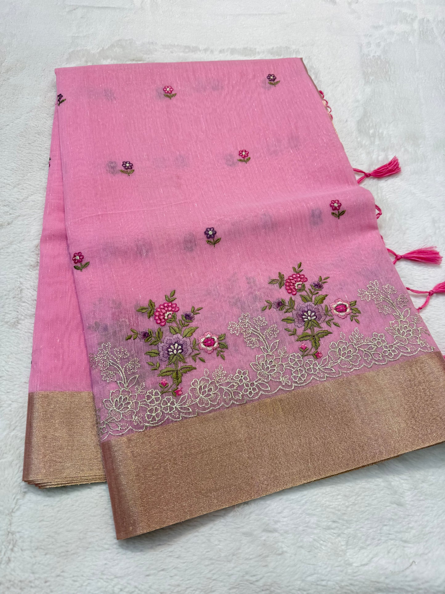 Pink shade linen embroidery Banarasi saree