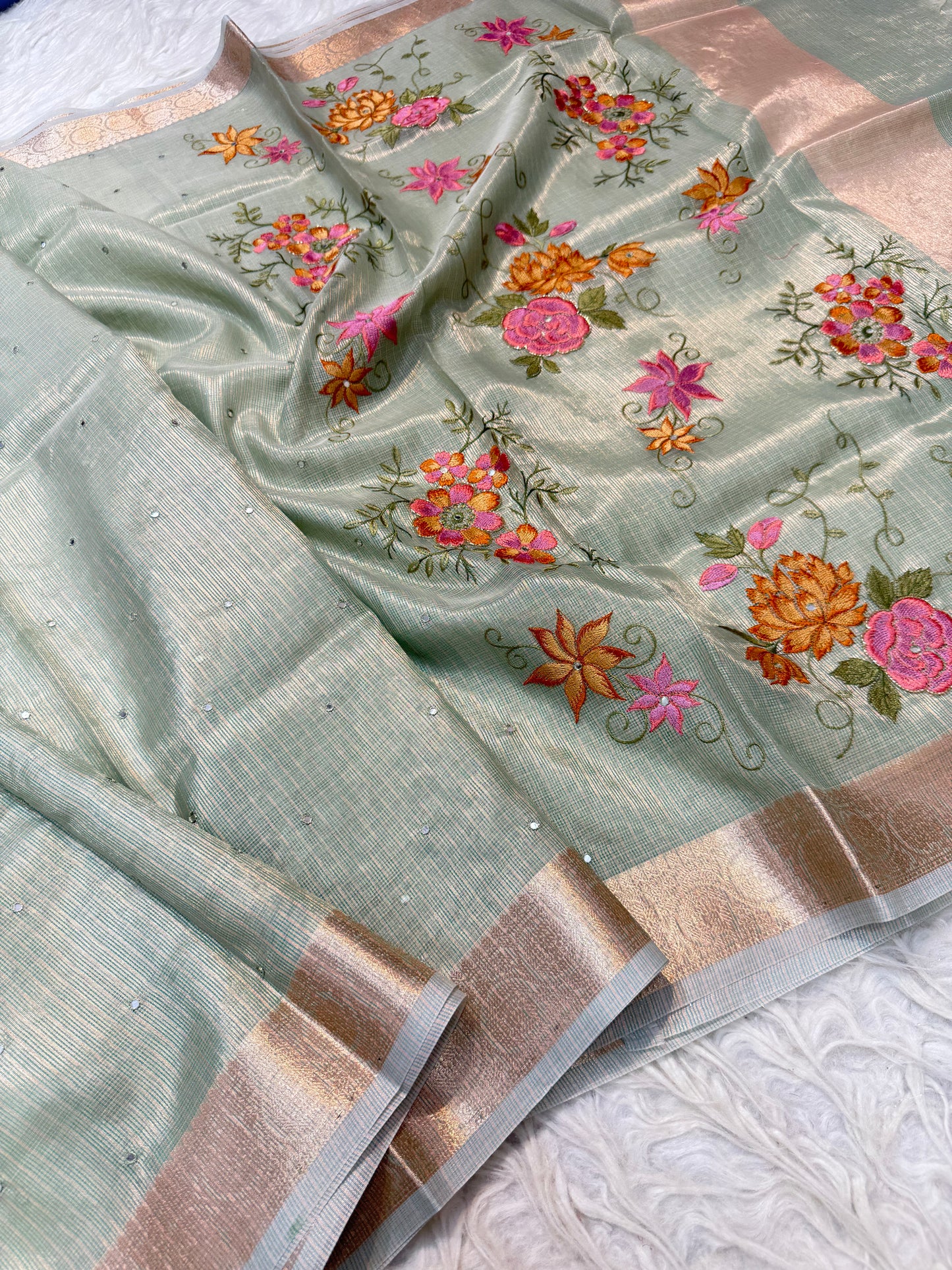 Sea green shade tissue kota embroidery mirror work premium Banarasi saree