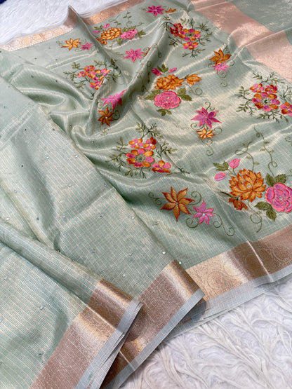 Sea green shade tissue kota embroidery mirror work premium Banarasi saree