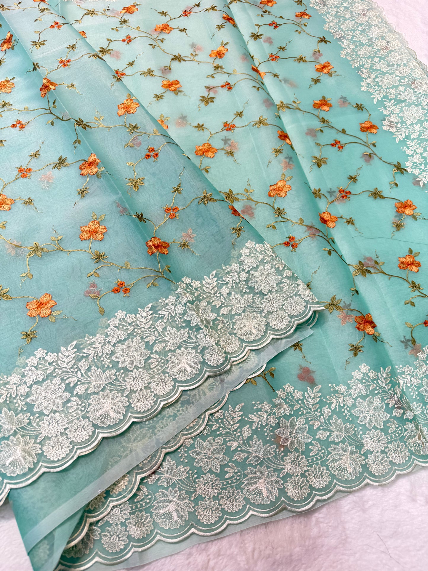 Sea green shade organza designer cutwork premium embroidery Banarasi saree