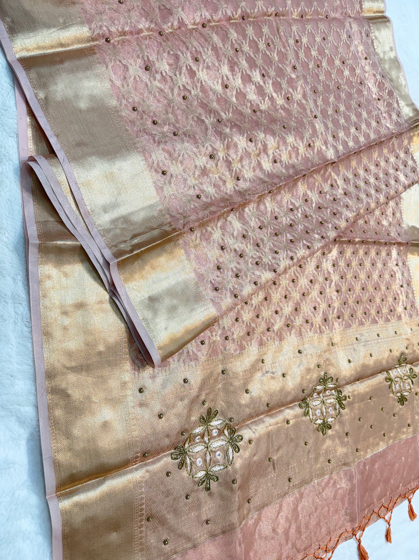 Peach tissue kota designer handwork premium Banarasi saree
