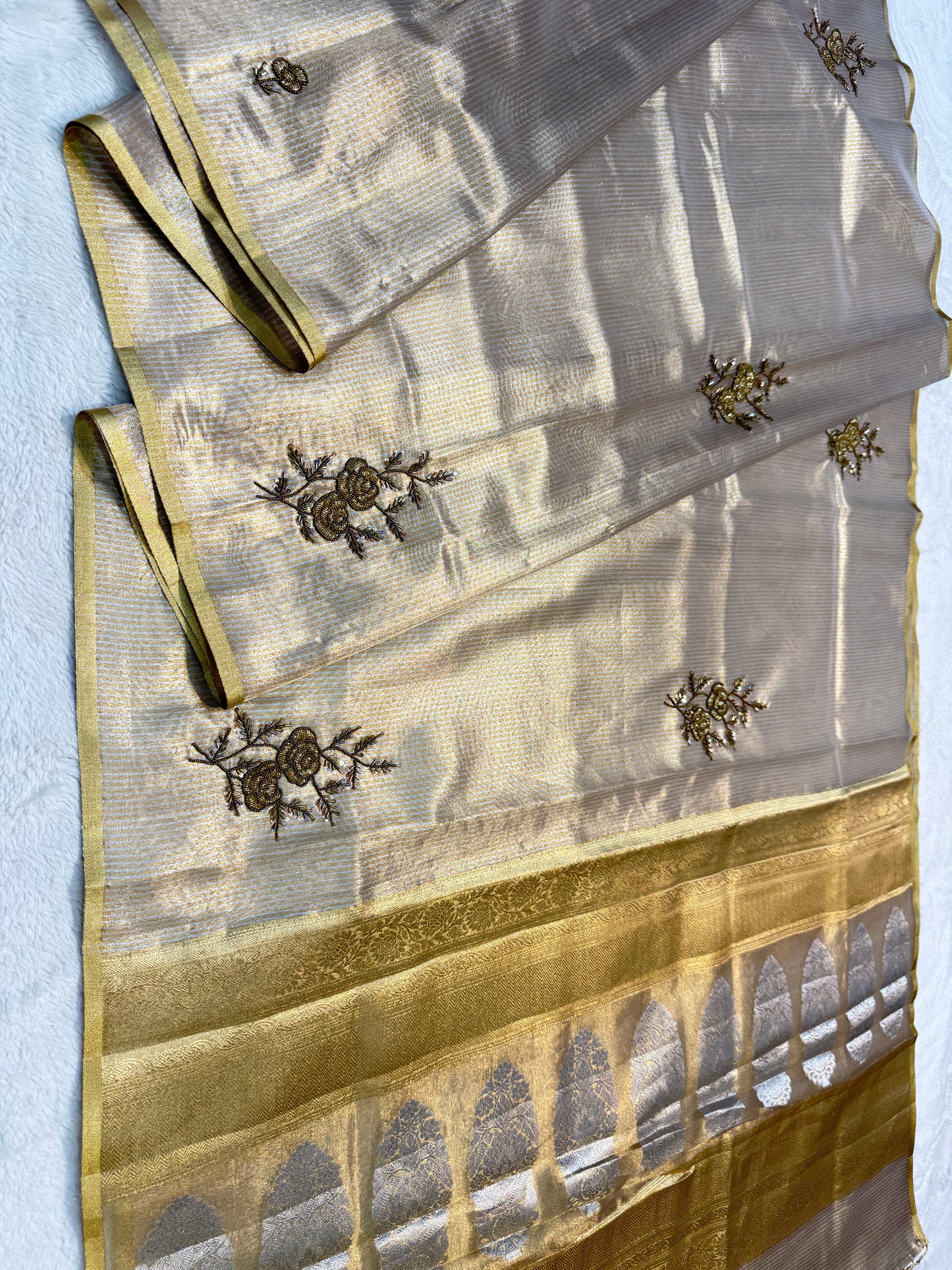 Beige shade tissue designer hand work Banarasi saree