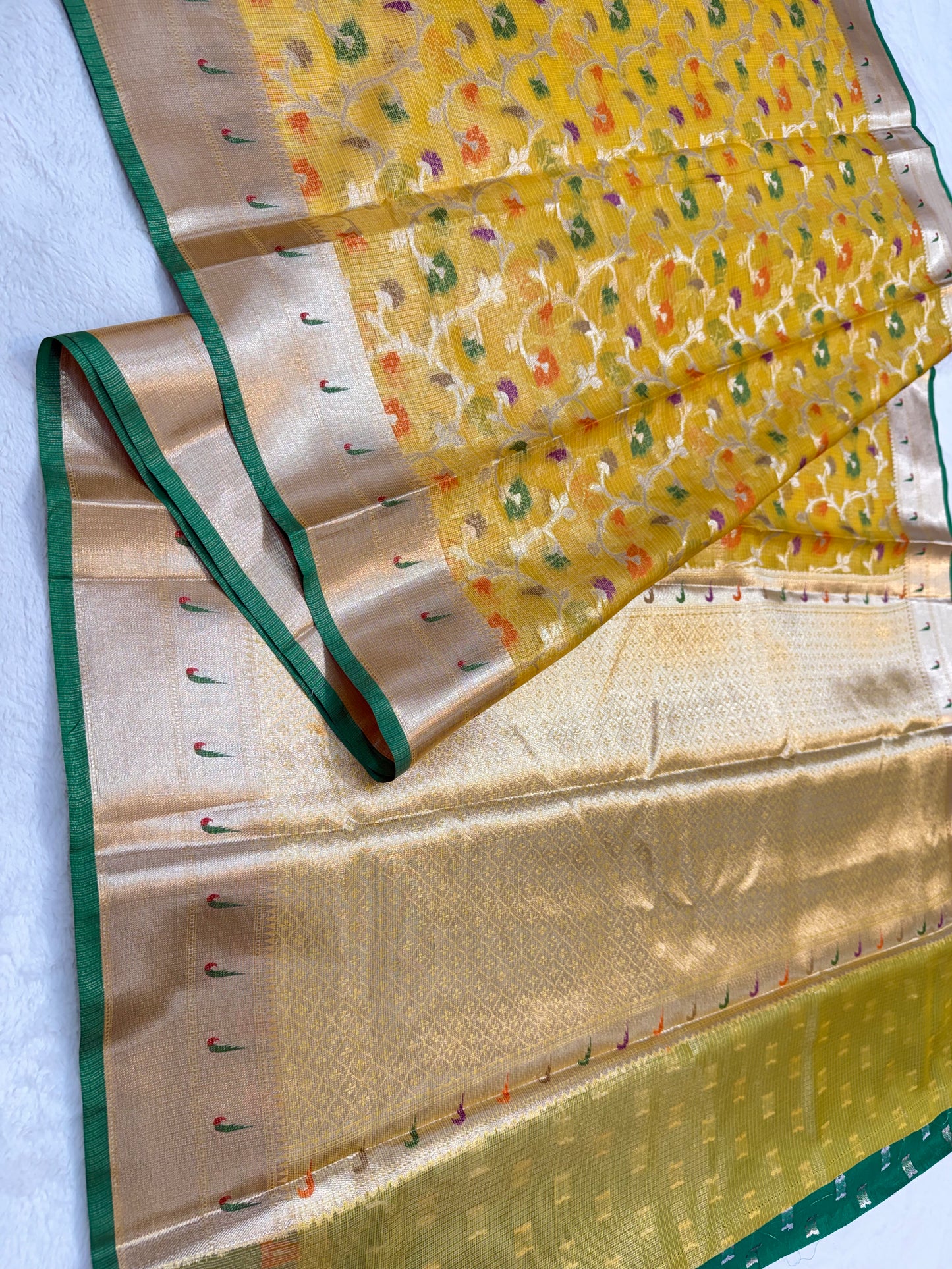 Gold & multicolour shade tissue kota premium paithani border designer banarasi saree