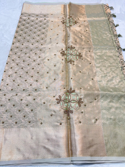 Pista green tissue kota designer handwork premium Banarasi saree