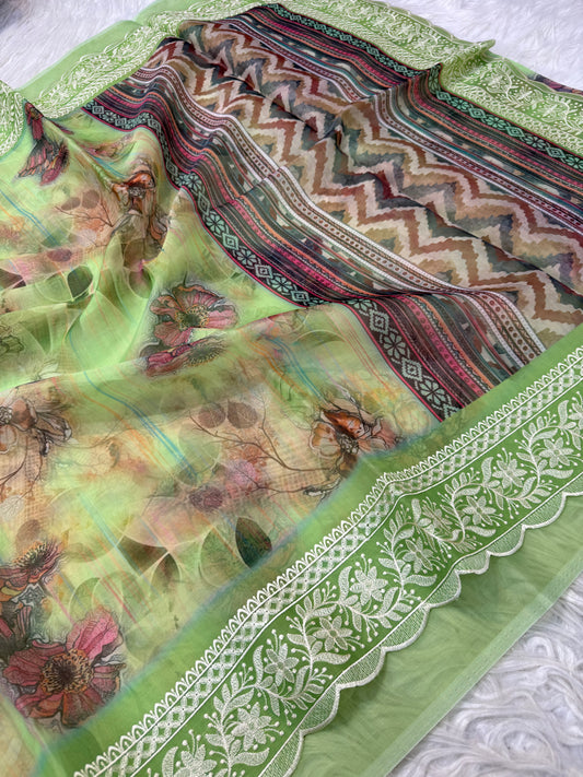 Pista green multi shade  kora organza digital print embroidery Banarasi saree