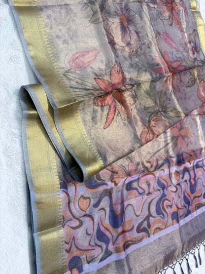 Multicolour Tissue digital print handwork premium designer Banarasi saree