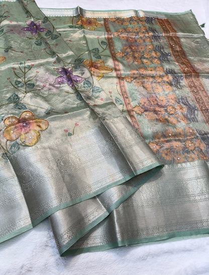 multicolour tissue silk digital print handwork premium Banarasi saree