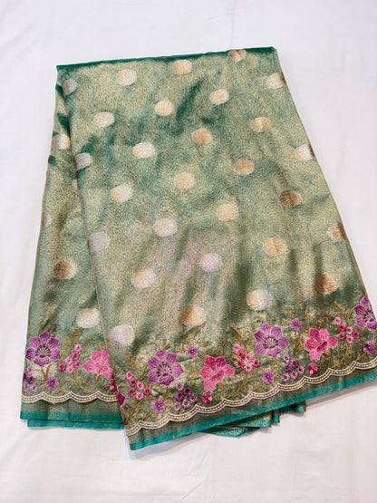 Sea green tissue cutwork embroidery premium designer Banarasi saree