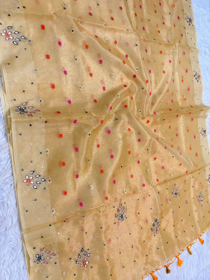 Gold shade tissue kota designer handwork premium Banarasi saree
