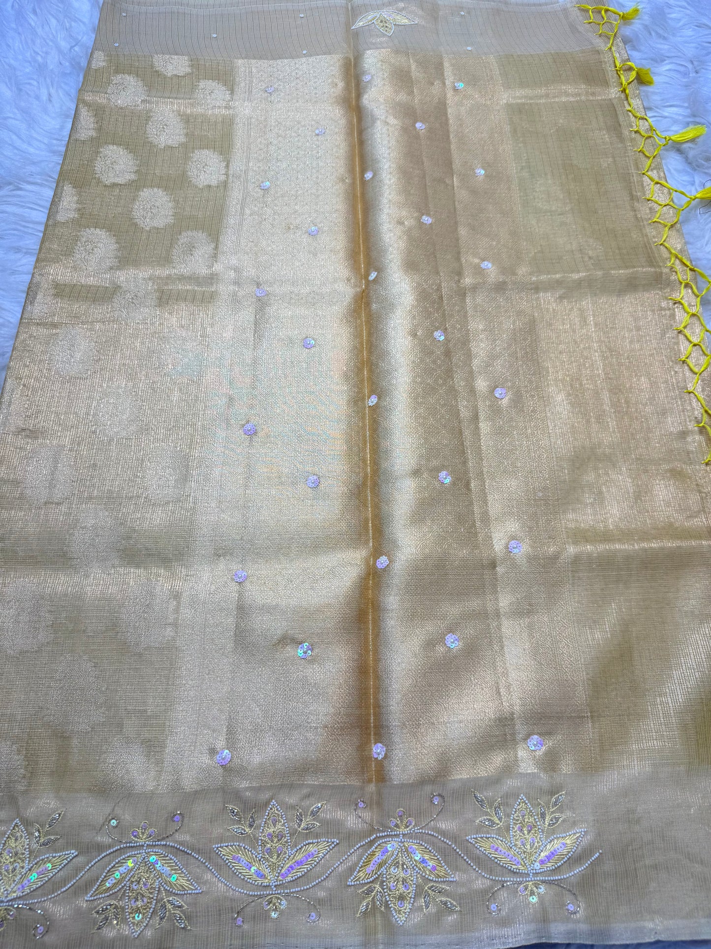 Safety yellow shade tissue kota zardosi work Banarasi saree