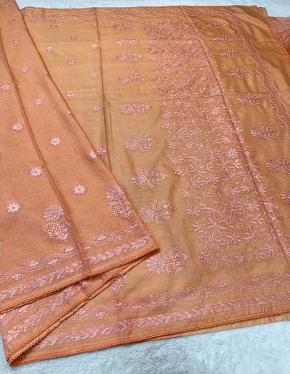 Peach shade cotton kota chickenkari embroidery Banarasi saree
