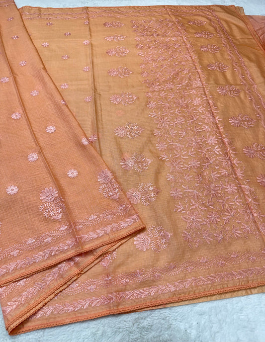 Peach shade cotton kota chickenkari embroidery Banarasi saree