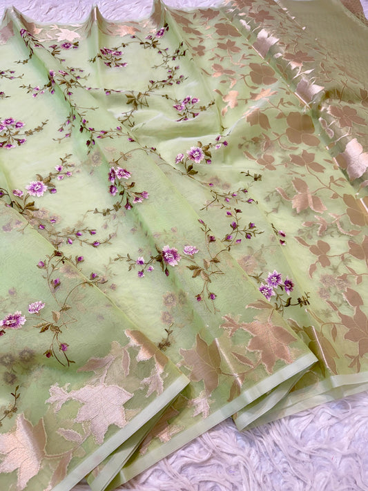 Pista green shade organza embroidery Banarasi saree