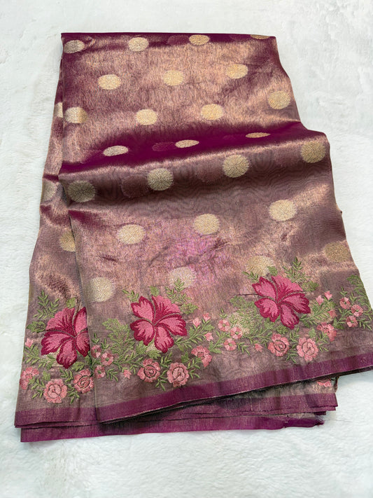 Magenta tissue cutwork embroidery premium designer Banarasi saree