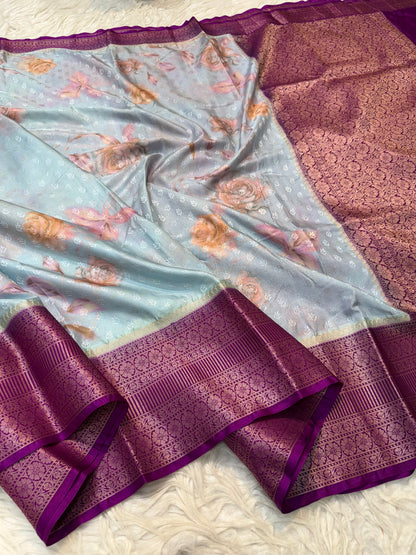 multicolour soft Dupion silk digital  print Banarasi saree