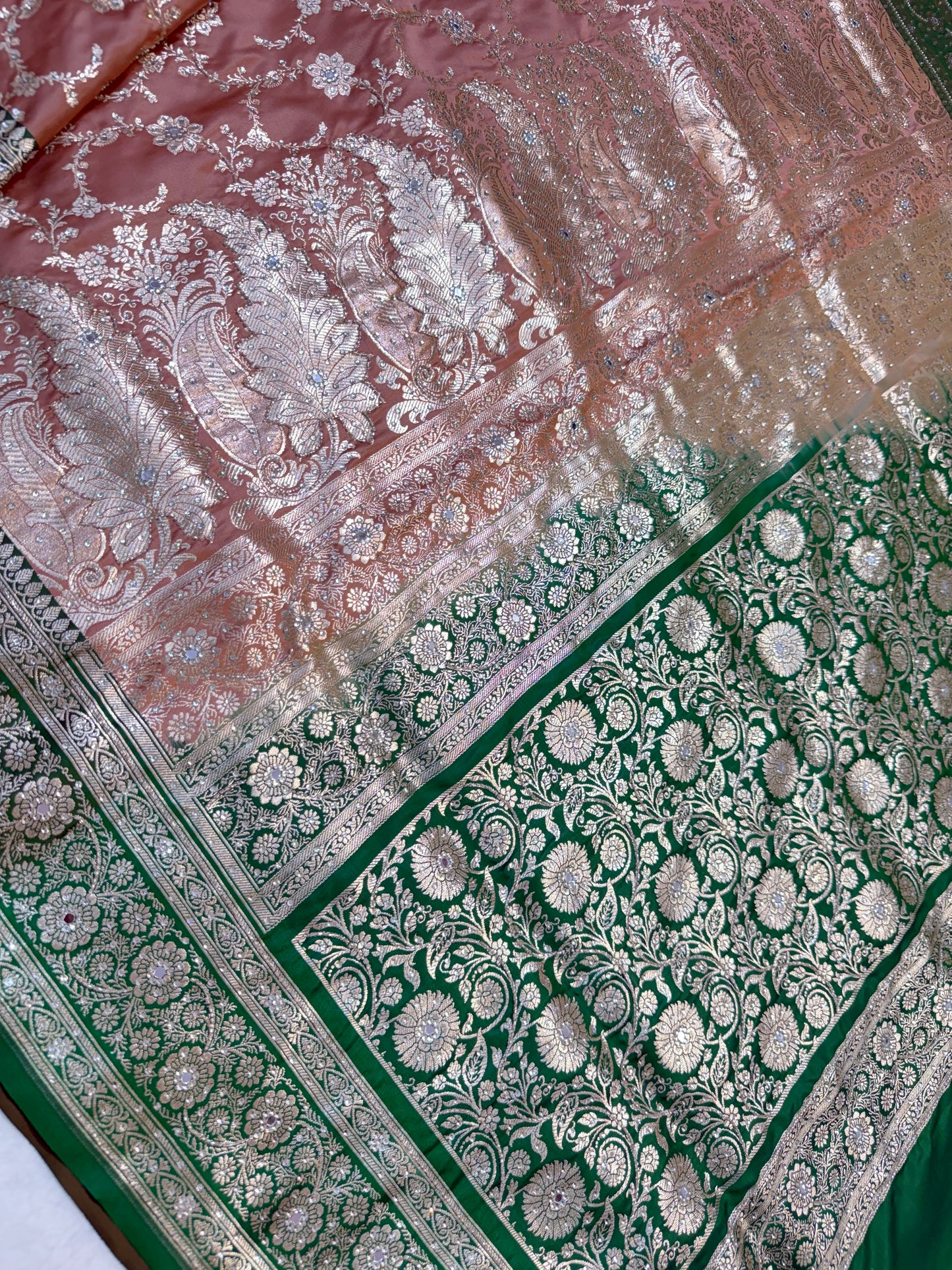Peach & bottle green shade Bridal Satan katan ari & stone work Banarasi silk Saree