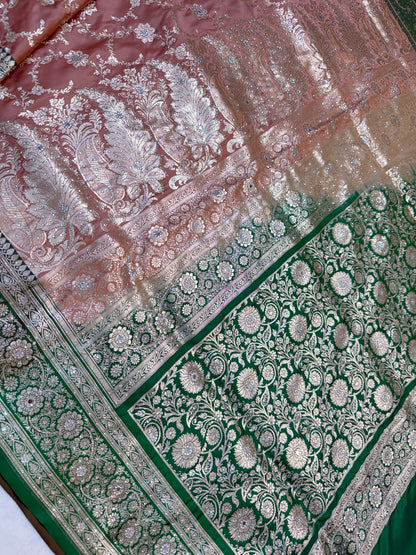 Peach & bottle green shade Bridal Satan katan ari & stone work Banarasi silk Saree