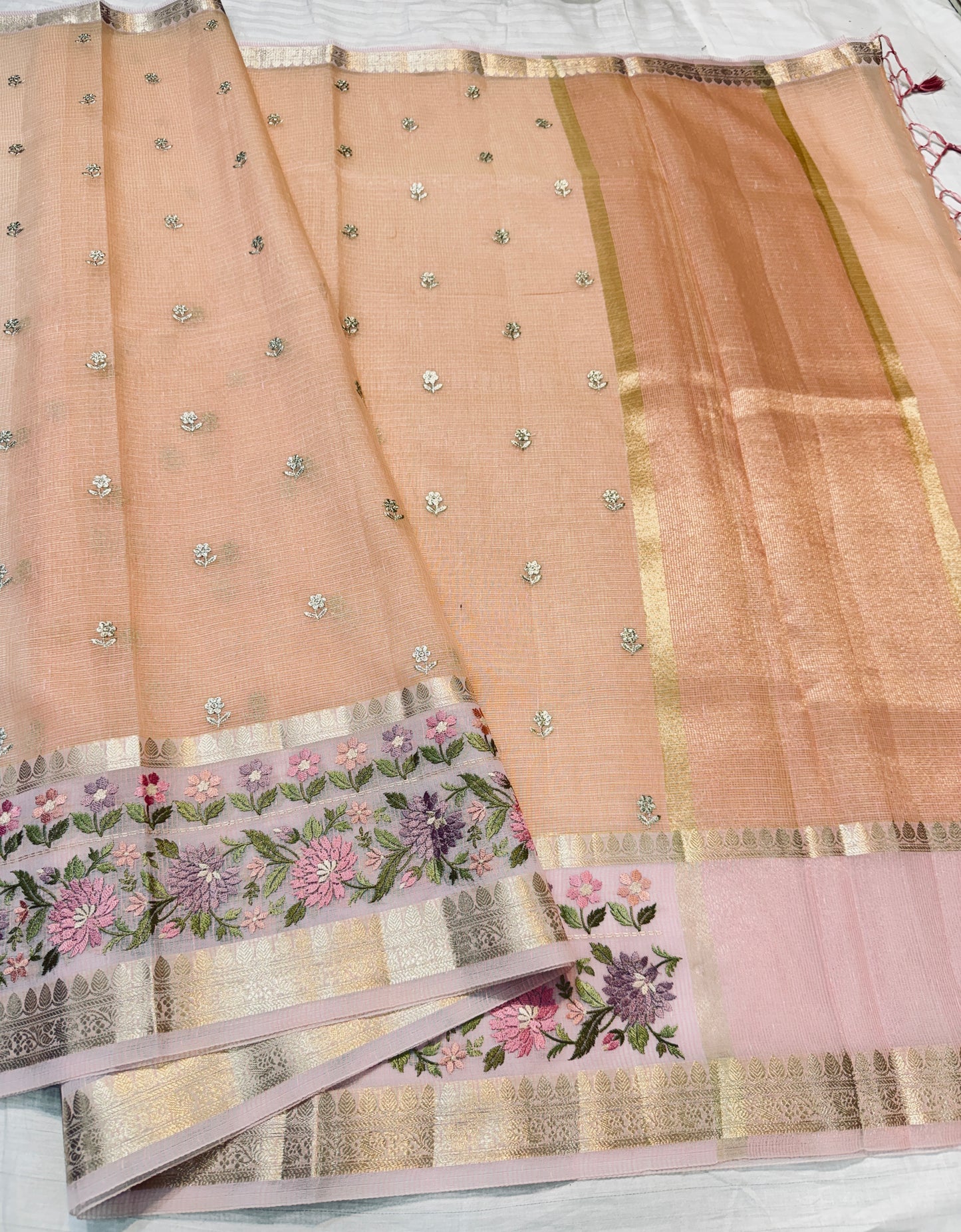 Pink shade cotton kota chickenkari embroidery Banarasi saree