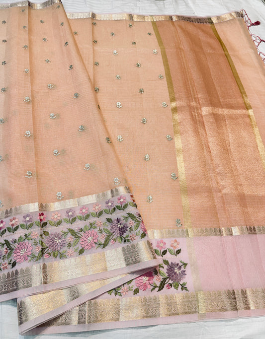 Pink shade cotton kota chickenkari embroidery Banarasi saree