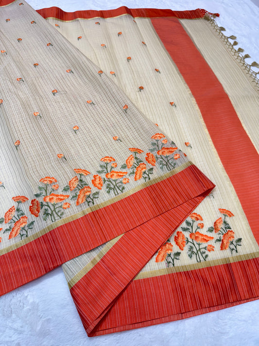 Beige orange shade kota embroidery Banarasi saree